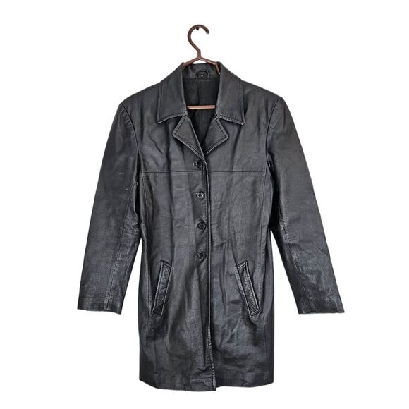 Vintage Black Leather Long Line Midi Length Button Front Duster Jacket Coat S - Picture 4 of 13
